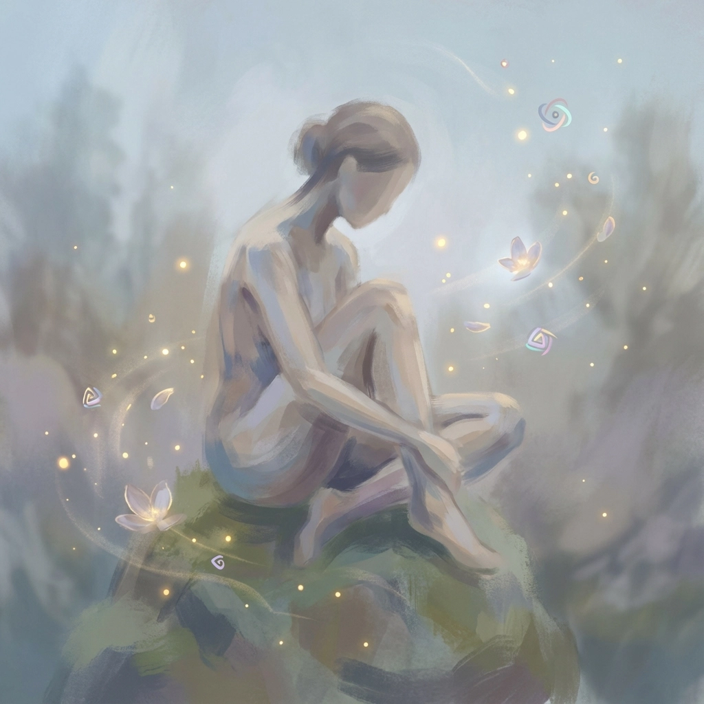 A serene figure sits on a rock, surrounded by glowing orbs and petals in a dreamy, pastel landscape, conveying tranquility. No text visible.