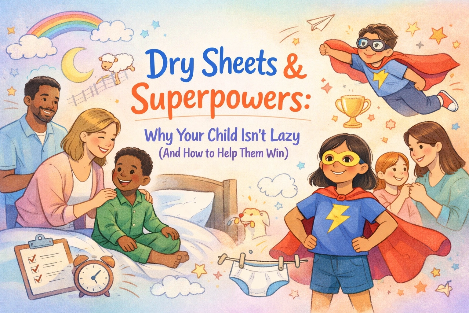 Illustrated blog cover titled “Dry Sheets & Superpowers: Why Your Child Isn’t Lazy (And How to Help Them Thrive)” showing children, parents, and superhero imagery to represent confidence-building and pediatric bladder health support for families navigating bedwetting and childhood enuresis.