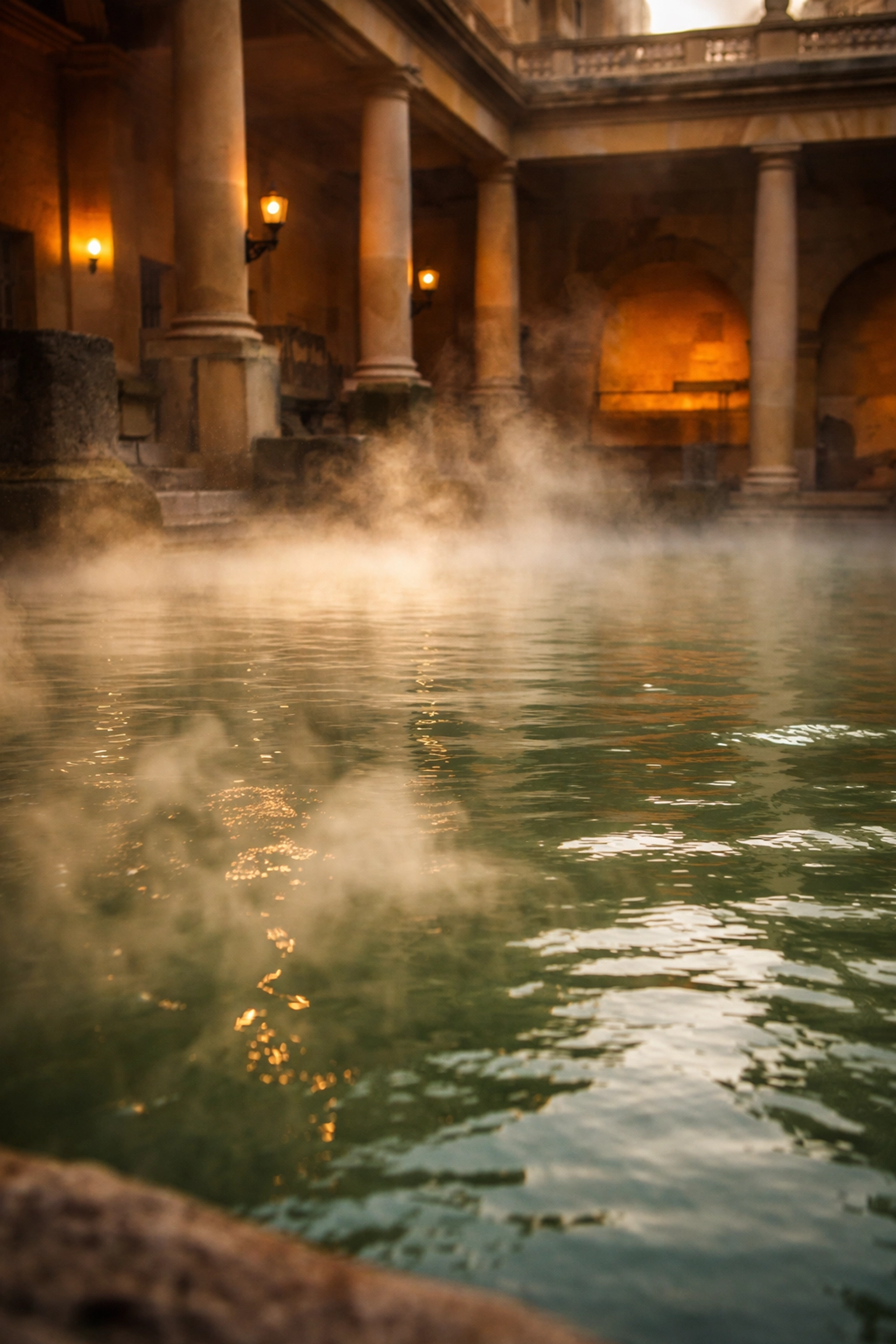 Steam rises from ancient Roman Baths in Bath at dawn, highlighting thermal waters and historic Bath stone architecture.