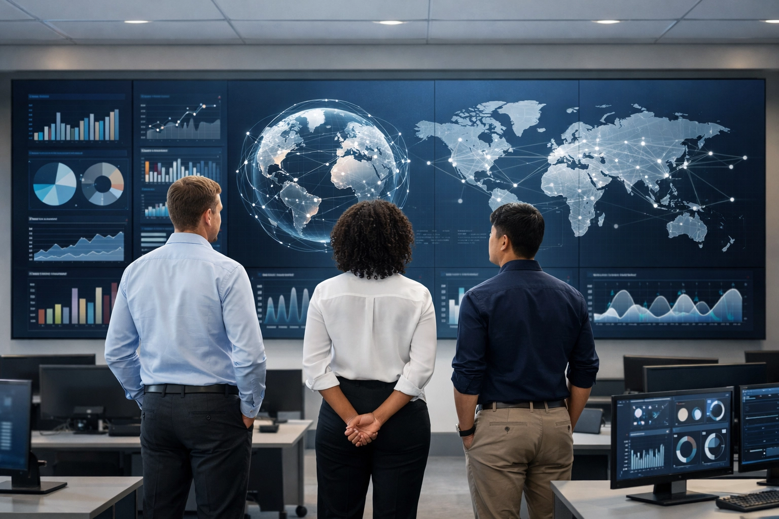 Dakdan Worldwide consultants analyzing high-value asset performance metrics in a modern media operations center.