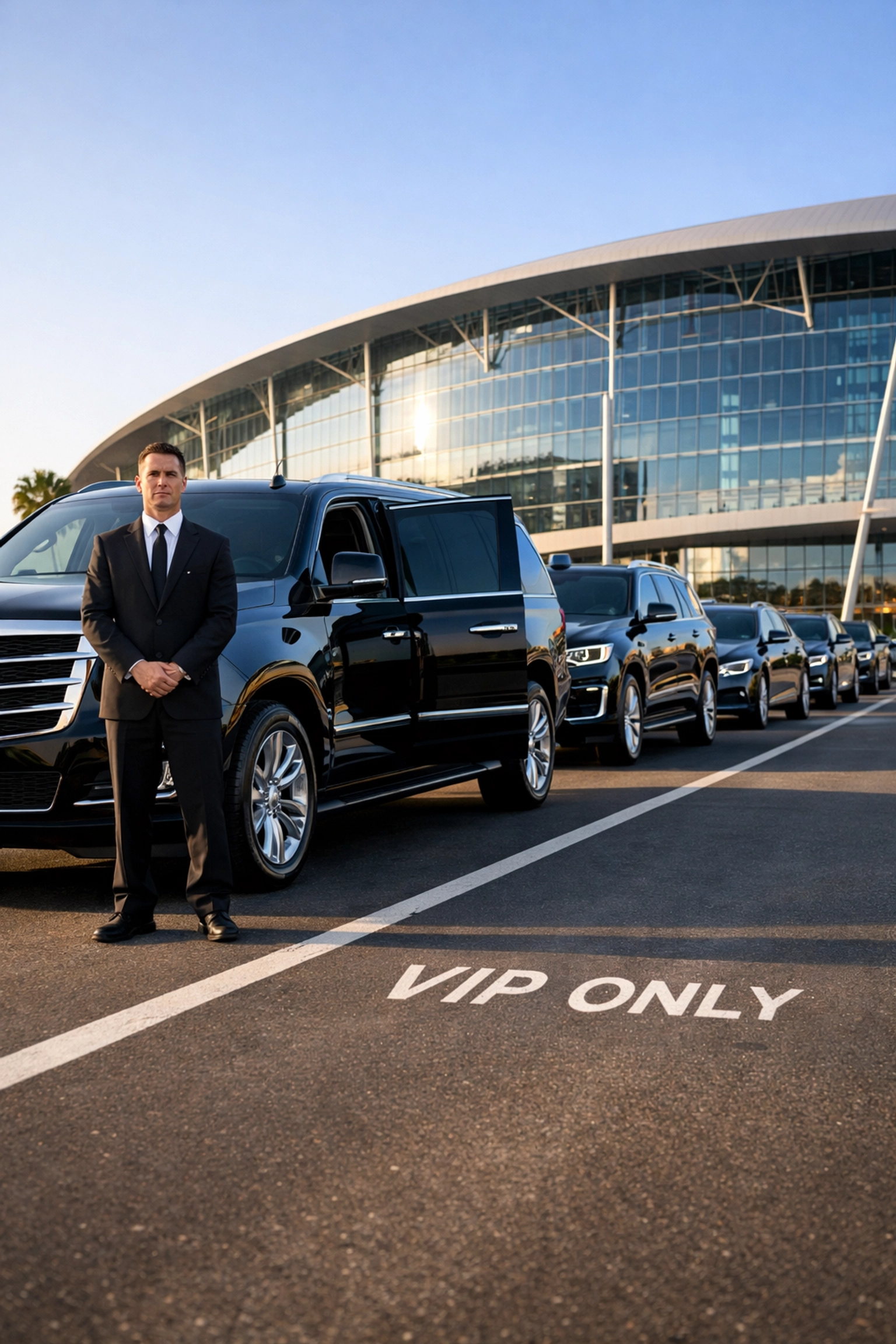 Luxury black SUV fleet and professional chauffeurs ready for Super Bowl executive VIP transportation.