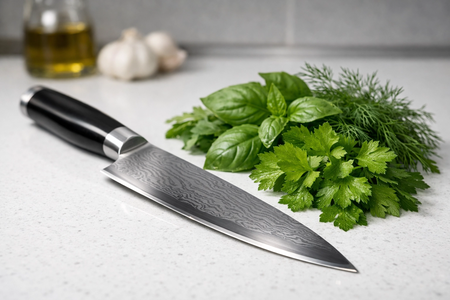4000K neutral LED task lighting illuminating herbs and a knife on a white quartz kitchen counter.