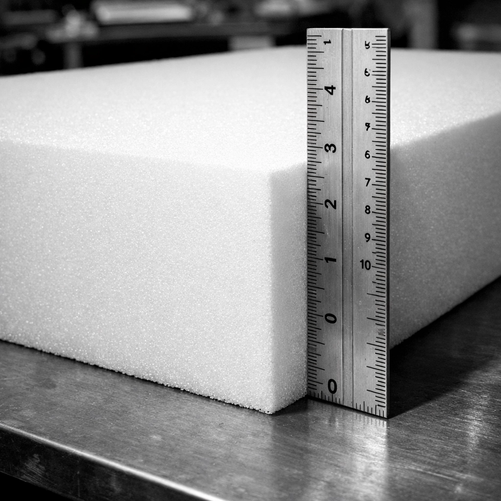 Professional-grade custom-cut upholstery foam on a workbench for precise furniture repair in Chattanooga.