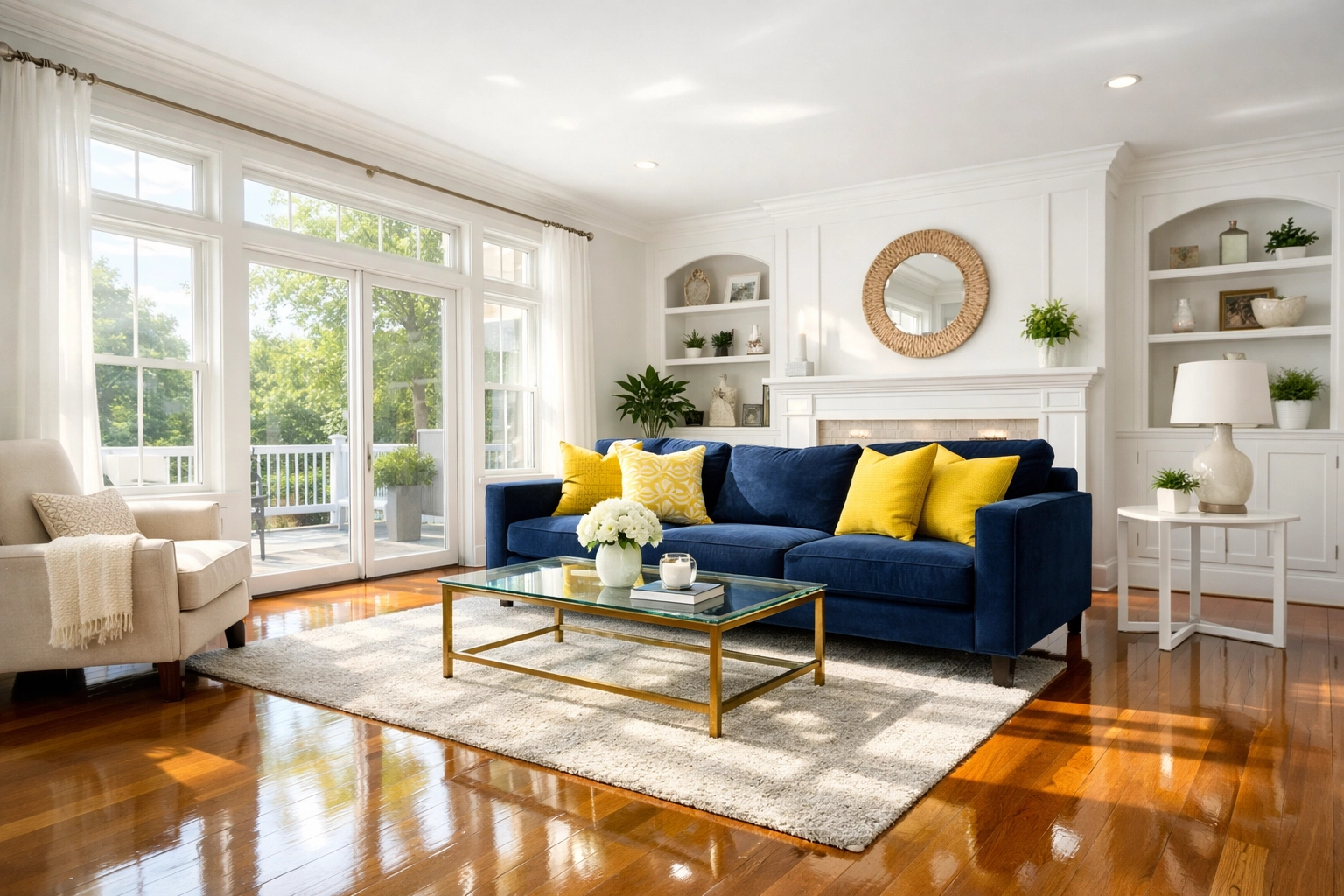 Eco-friendly house cleaning Worcester MA in a bright, dust-free living room with polished hardwood floors.