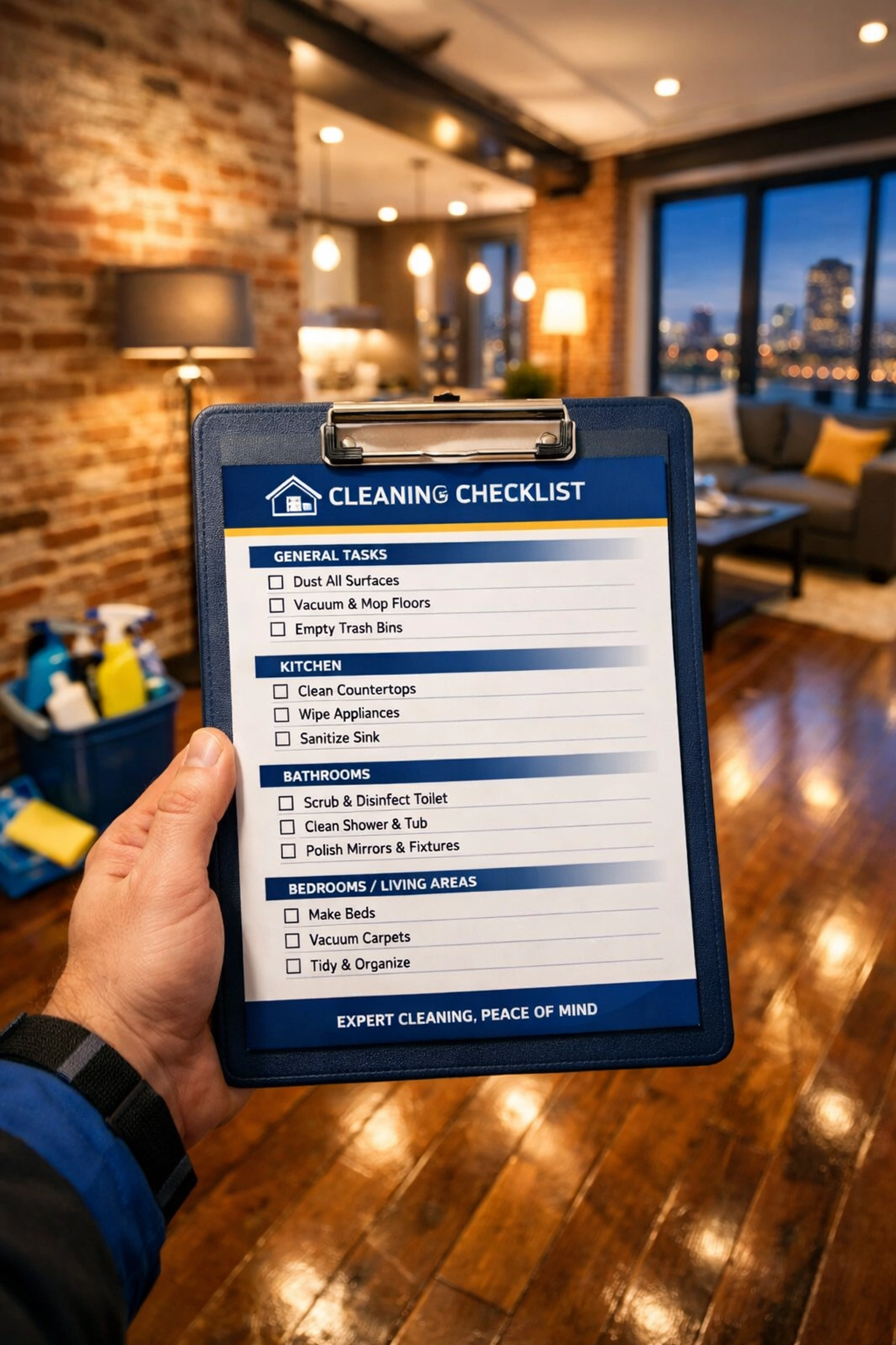 A professional checklist used for a detailed Boston apartment turnover cleaning in a high-end city loft.