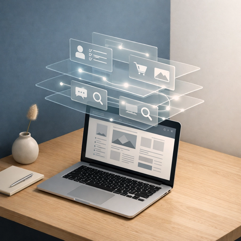 Modern workspace with digital overlays representing personalized website content and search engine optimization.