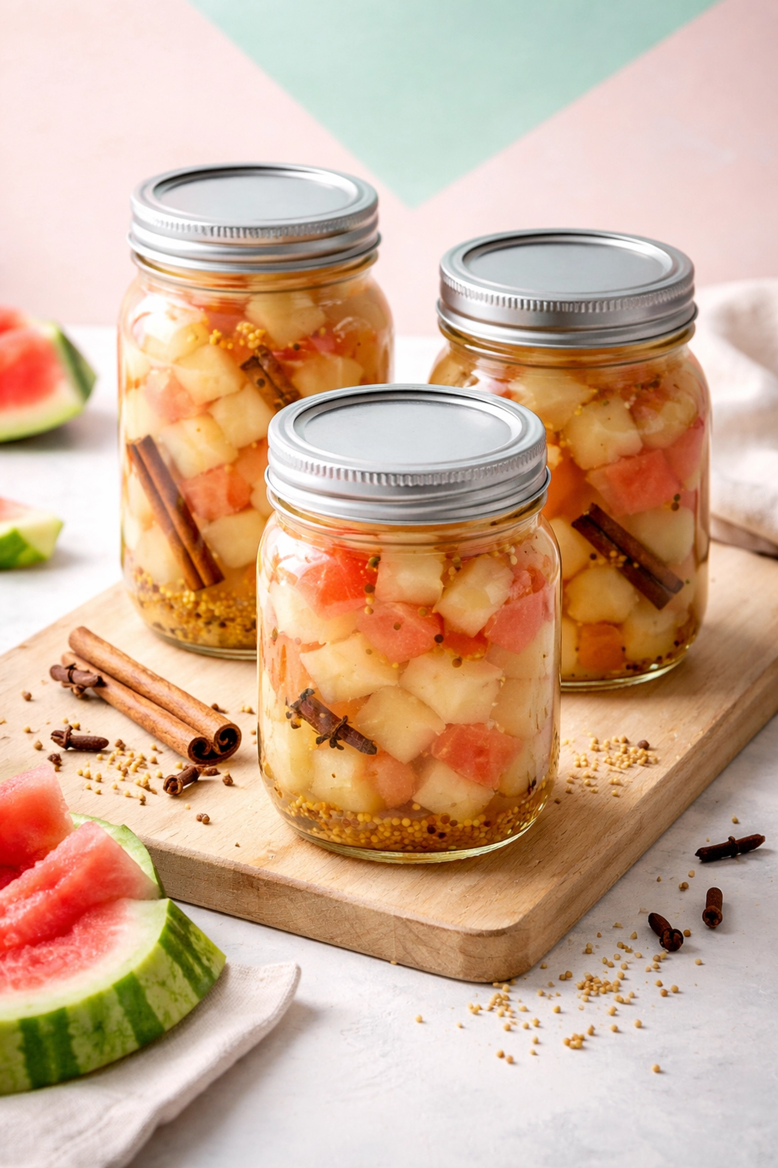 Glass jars of pickled watermelon rind in golden brine surrounded by spices, perfect for heart-healthy snacking.