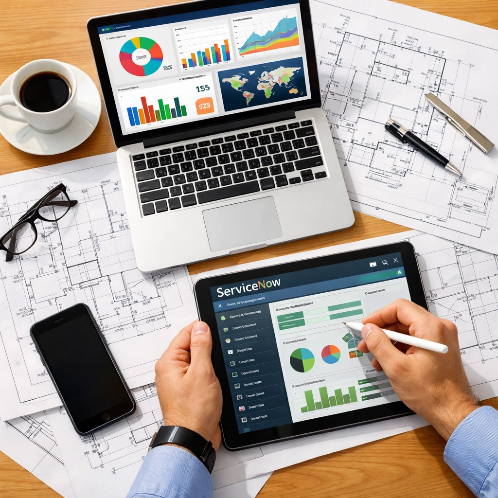 ServiceNow ITOM and ITAM implementation planning workspace with analytics dashboards