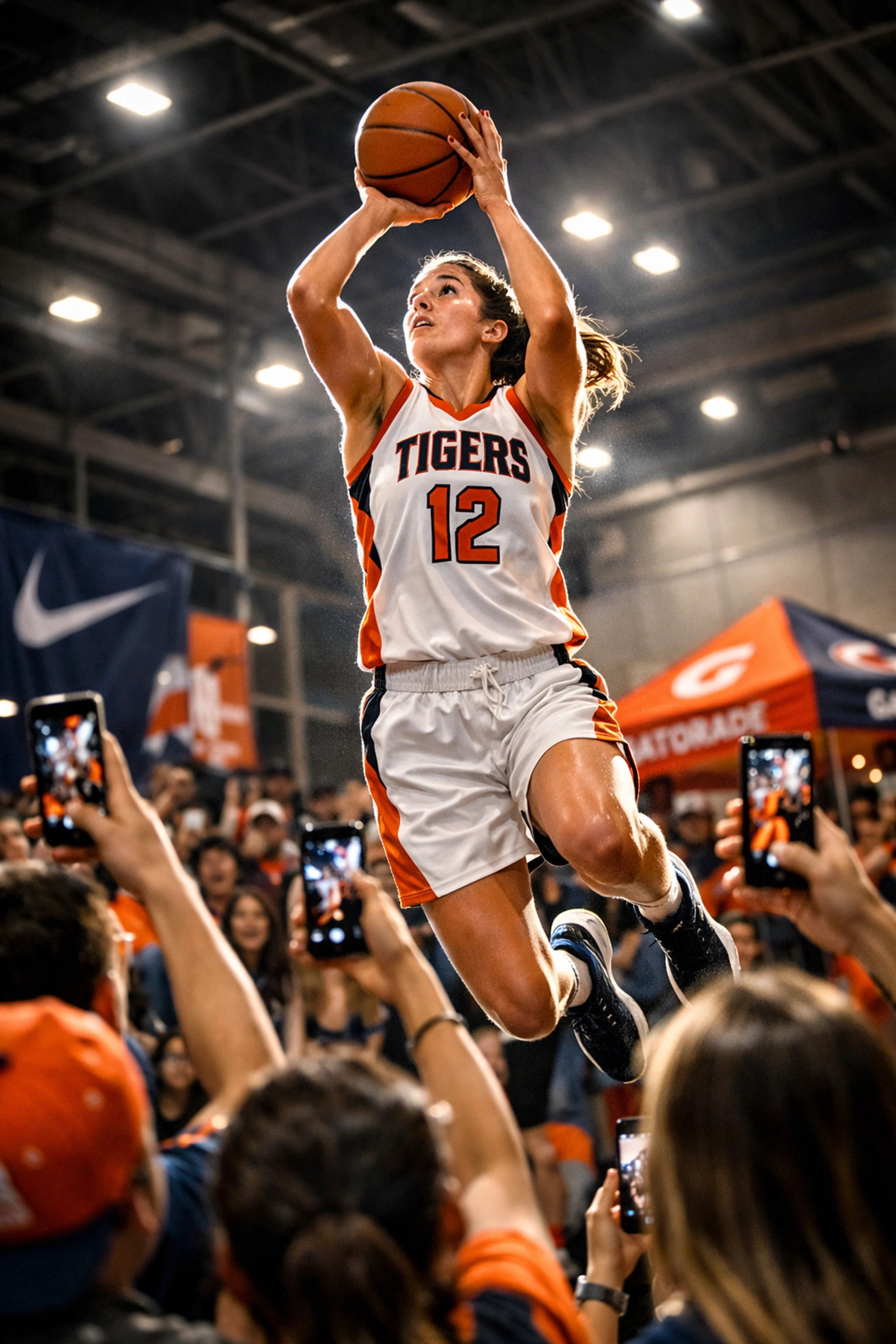 Female basketball player at campus NIL brand activation event with students recording on phones
