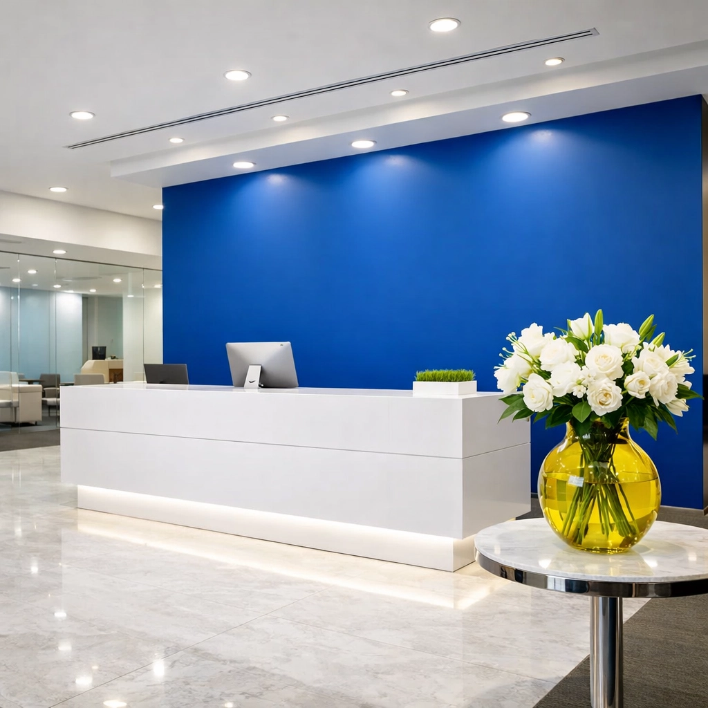 Sparkling modern office lobby and reception area showing professional cleanliness and brand reputation.