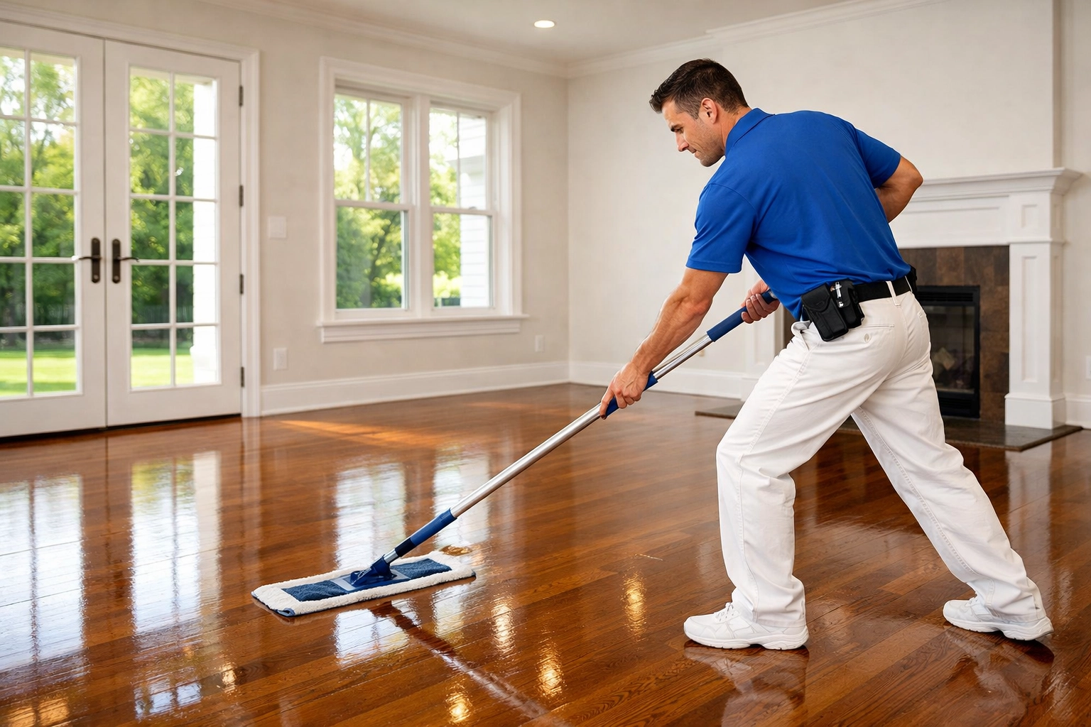 Expert move-in house cleaning Shirley MA service featuring a professional mopping hardwood floors.