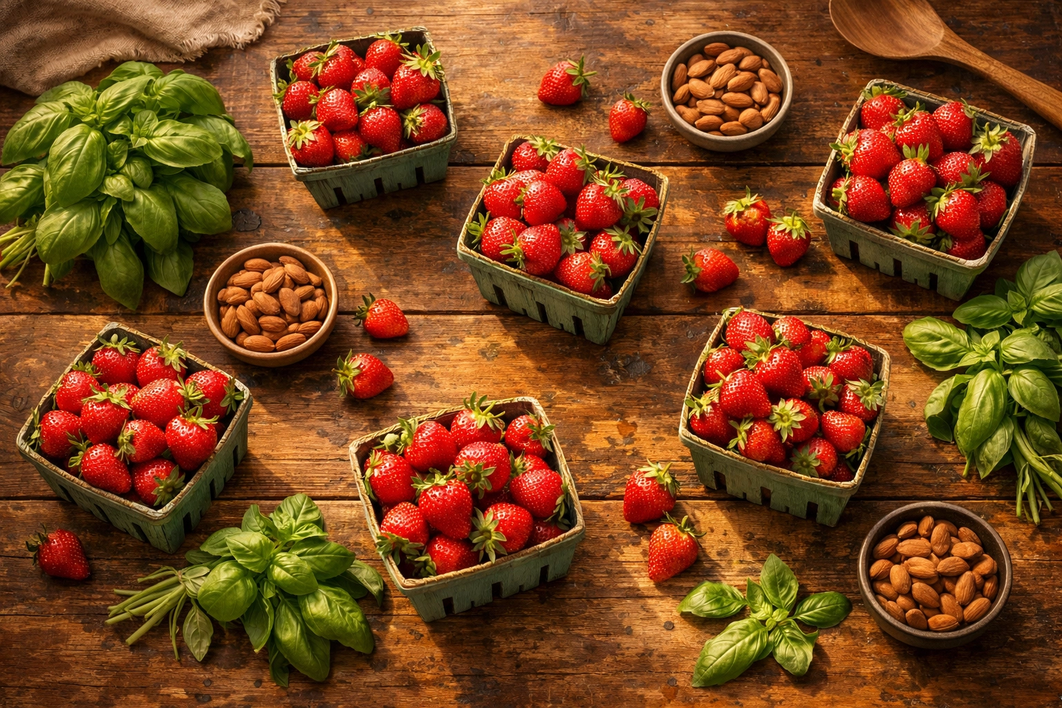 Fresh strawberry harvest baskets with basil and almonds for Pacific Northwest catering seasonal dishes.