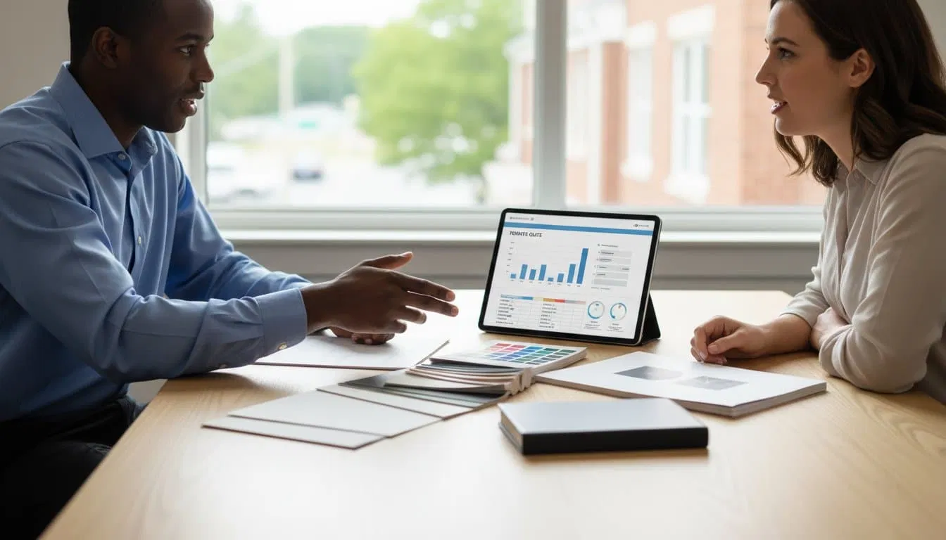 Two professionals discuss print project details at a meeting table, with printed samples and analytic charts