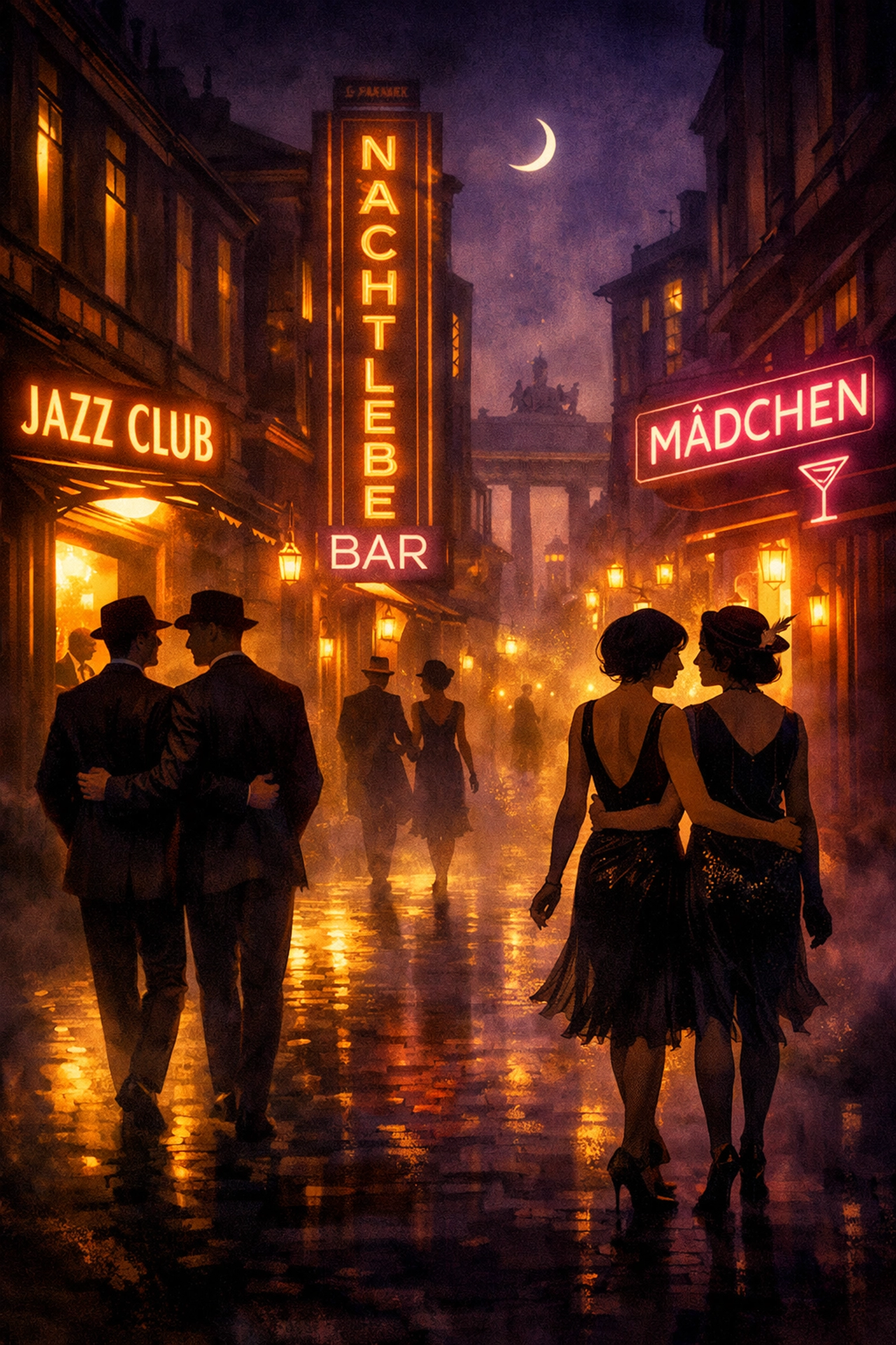1920s Berlin street scene with queer couples at night outside glowing jazz clubs and cabarets
