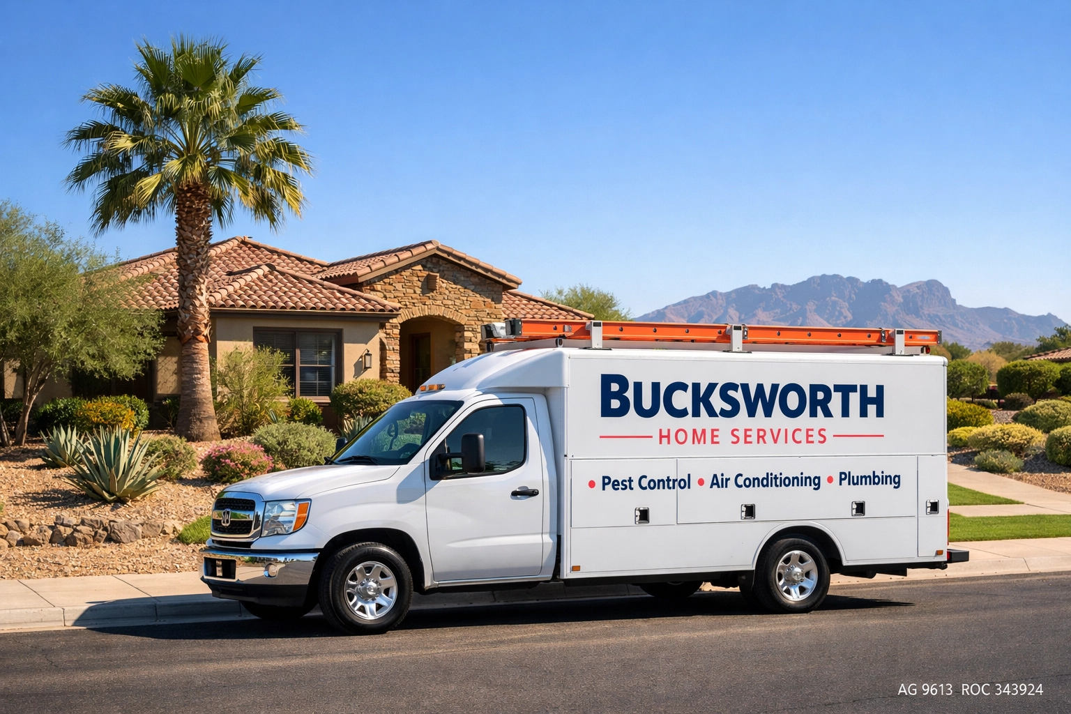 Bucksworth Home Services truck providing professional pest control and home maintenance in a Tempe neighborhood.