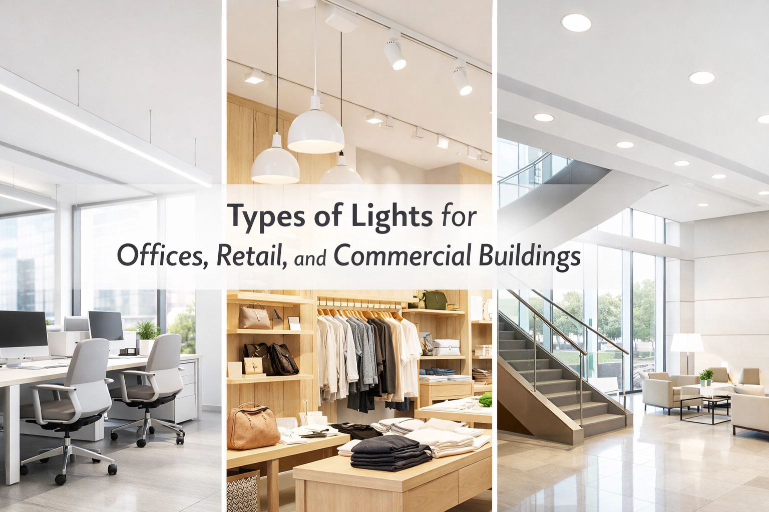 A modern commercial office space featuring sleek recessed LED downlights and linear architectural lighting, showcasing a professional and productive atmosphere.