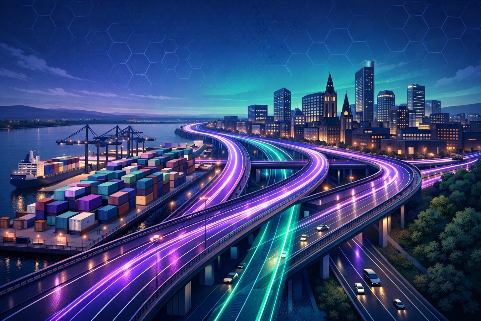 Aerial view of the North West logistics corridor featuring HGV driver jobs in Manchester and Liverpool.