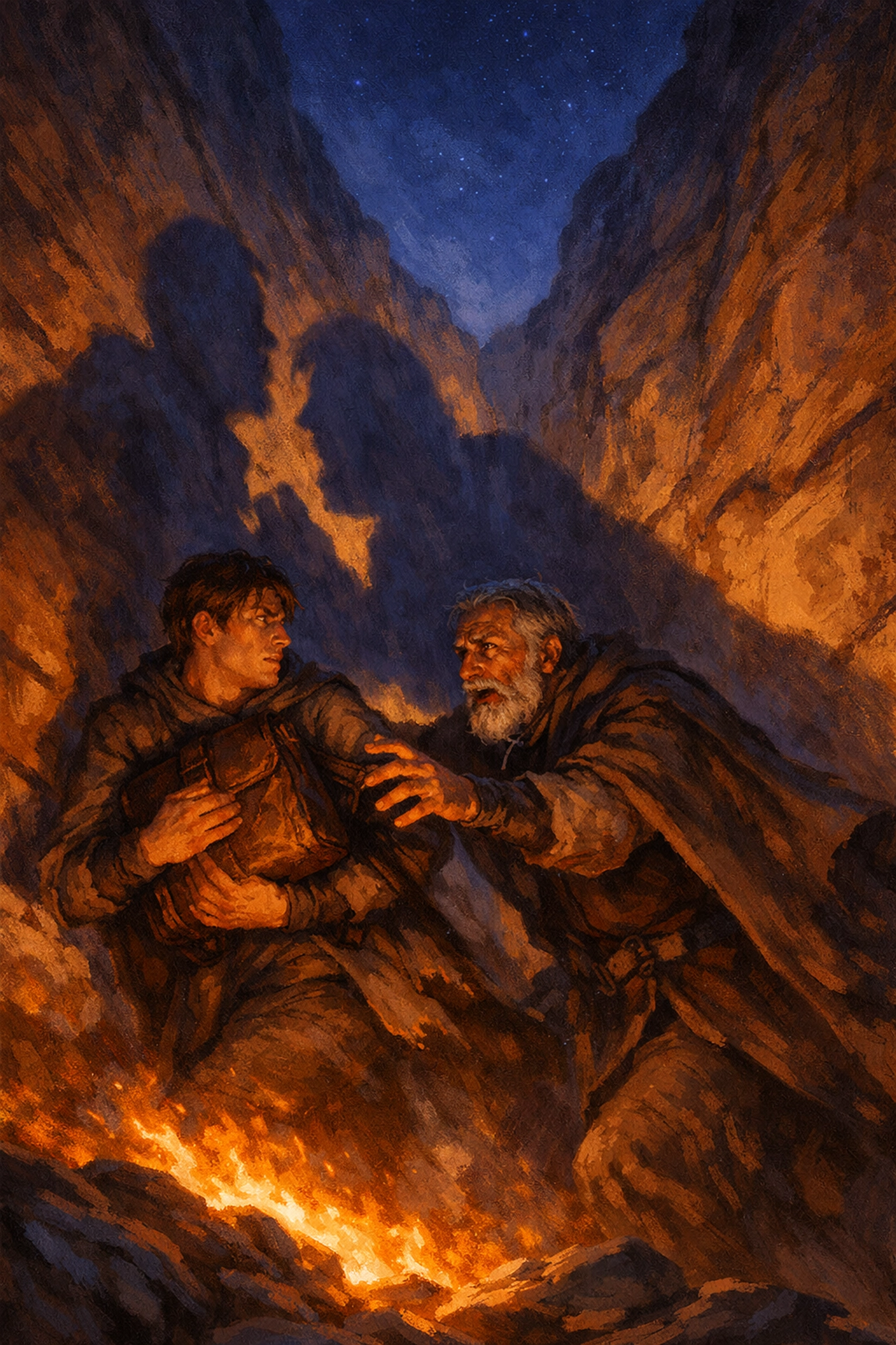 Elias and Marcus struggle over the iron keys in firelit canyon during betrayal scene