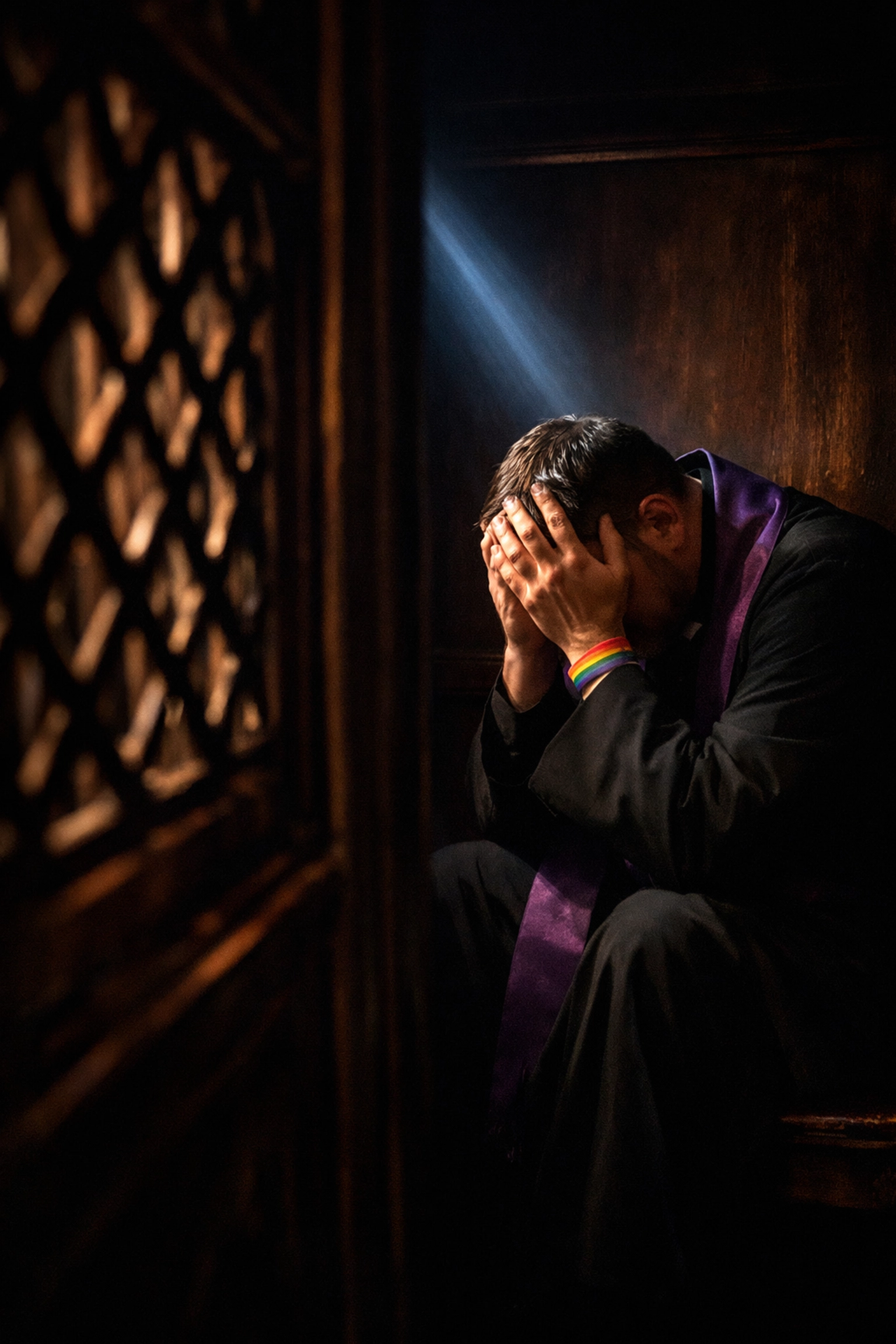 Gay priest alone in confessional booth struggling with identity during 1961 Vatican directive