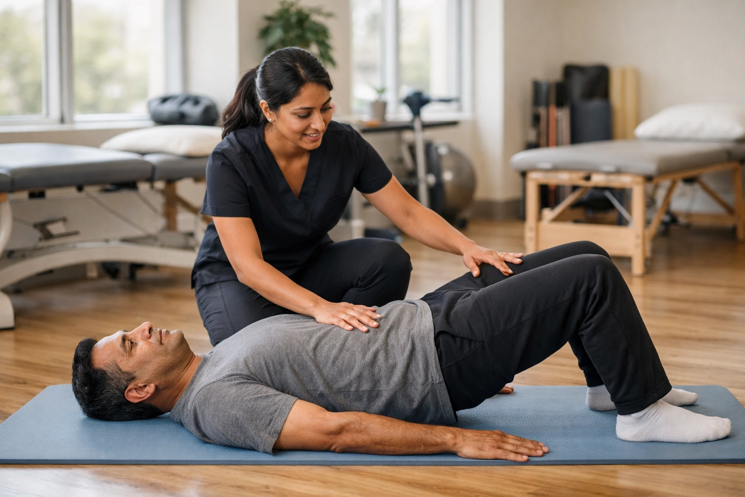 A patient is lying on a mat using a foam roller under their legs for myofascial release while a physical therapist supervises
