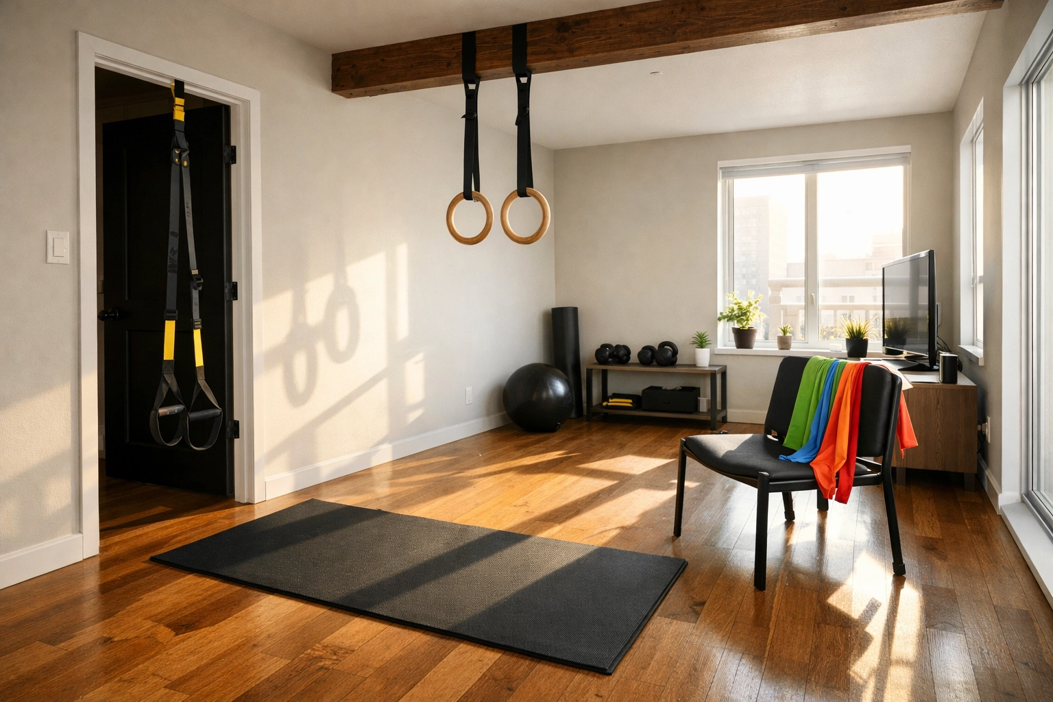 Compact home gym setup in apartment living room with suspension trainer and resistance bands