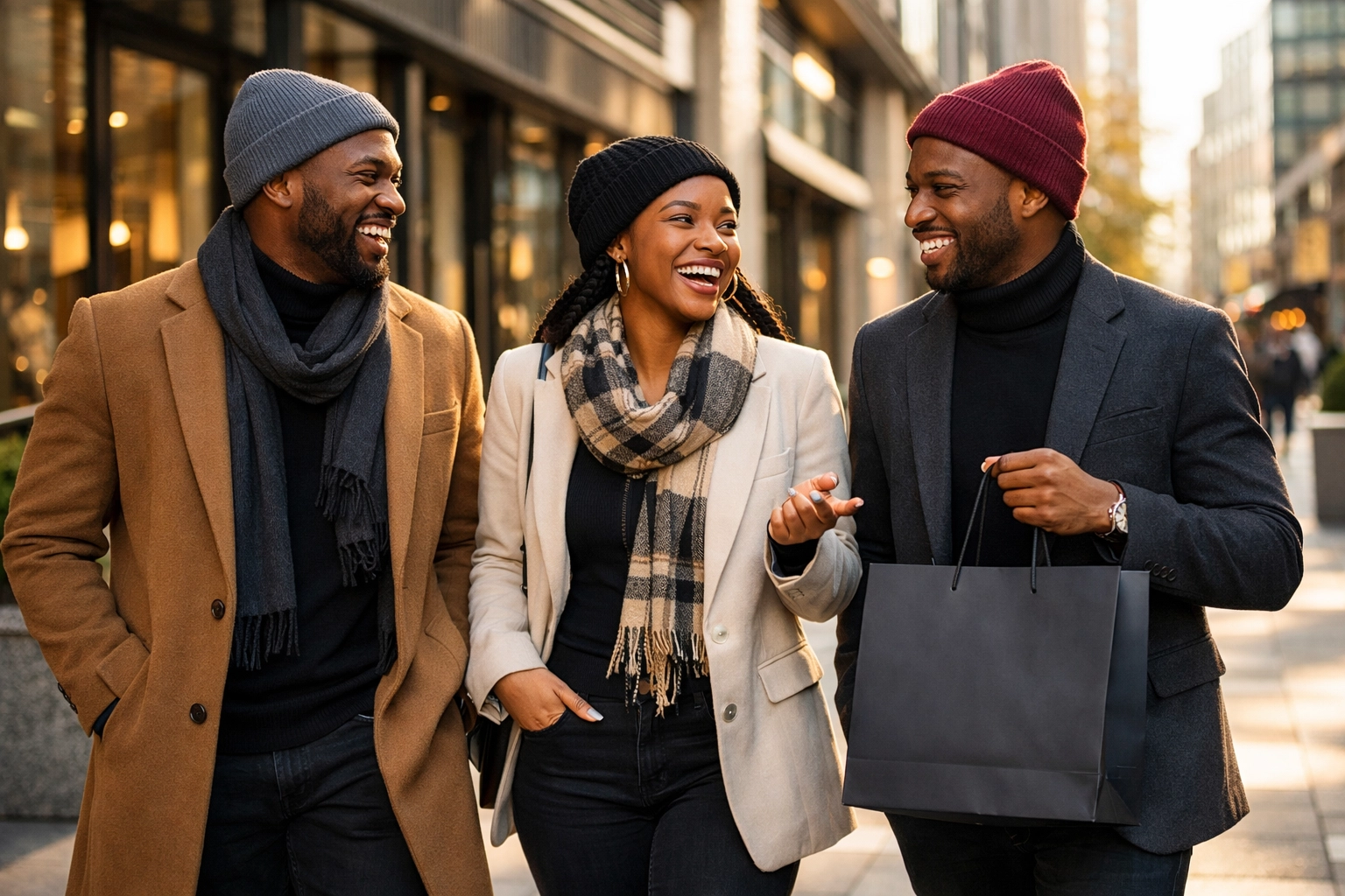 A group of Black professionals walking through a city carrying bags from Black-owned businesses.