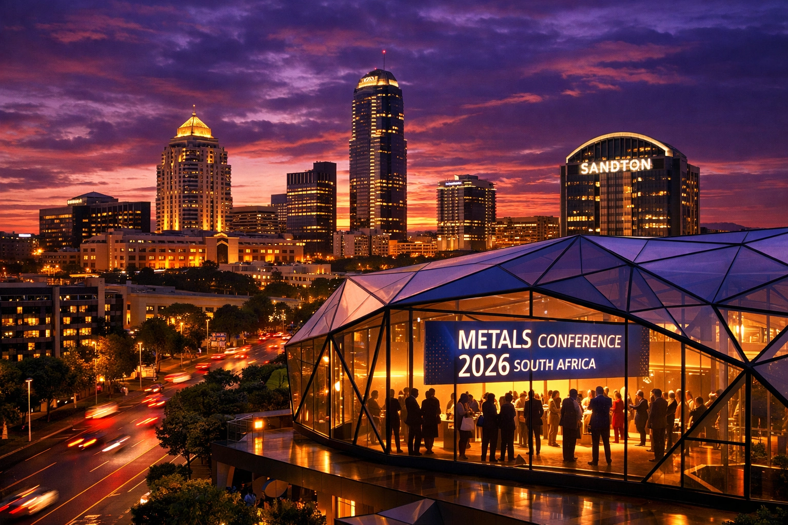 Sandton skyline at dusk featuring International Commodity Summit venue in South Africa