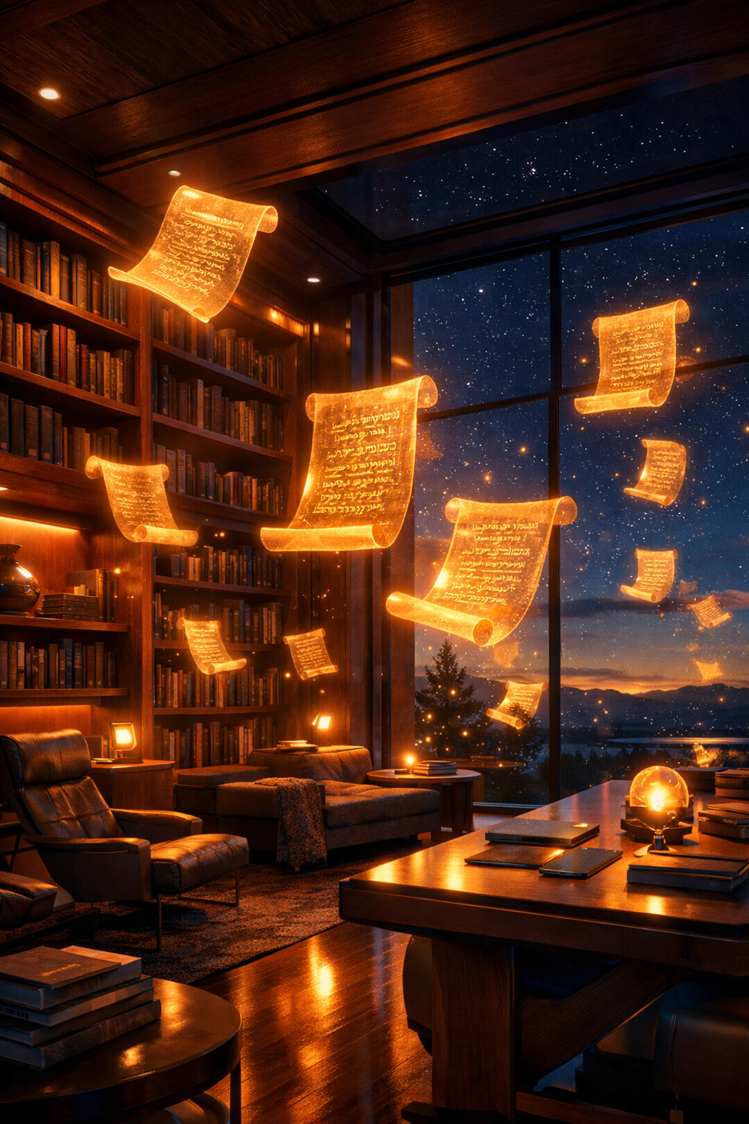 Digital scripture scrolls glowing in a library, representing the future of faith-based media and reflection.