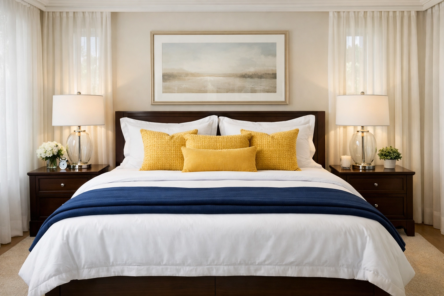 Expertly made bed in a luxurious Sherborn bedroom, part of a professional home cleaning plan.