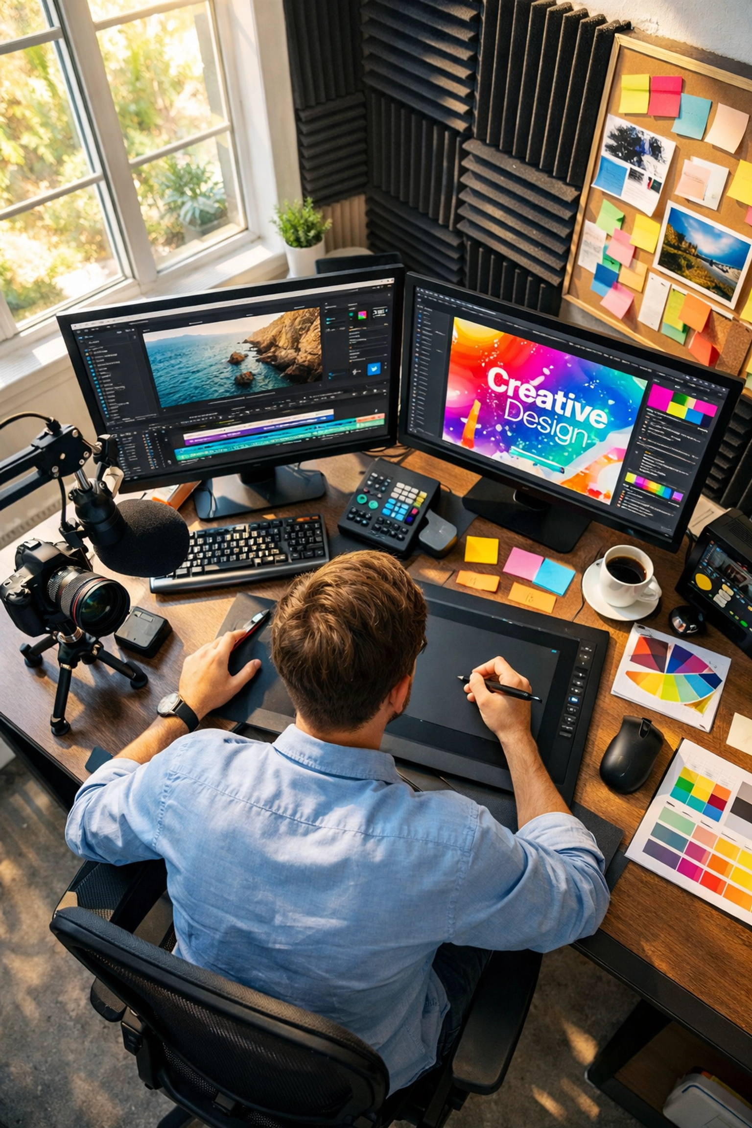 Content creation training pod with video editing workstation and professional equipment