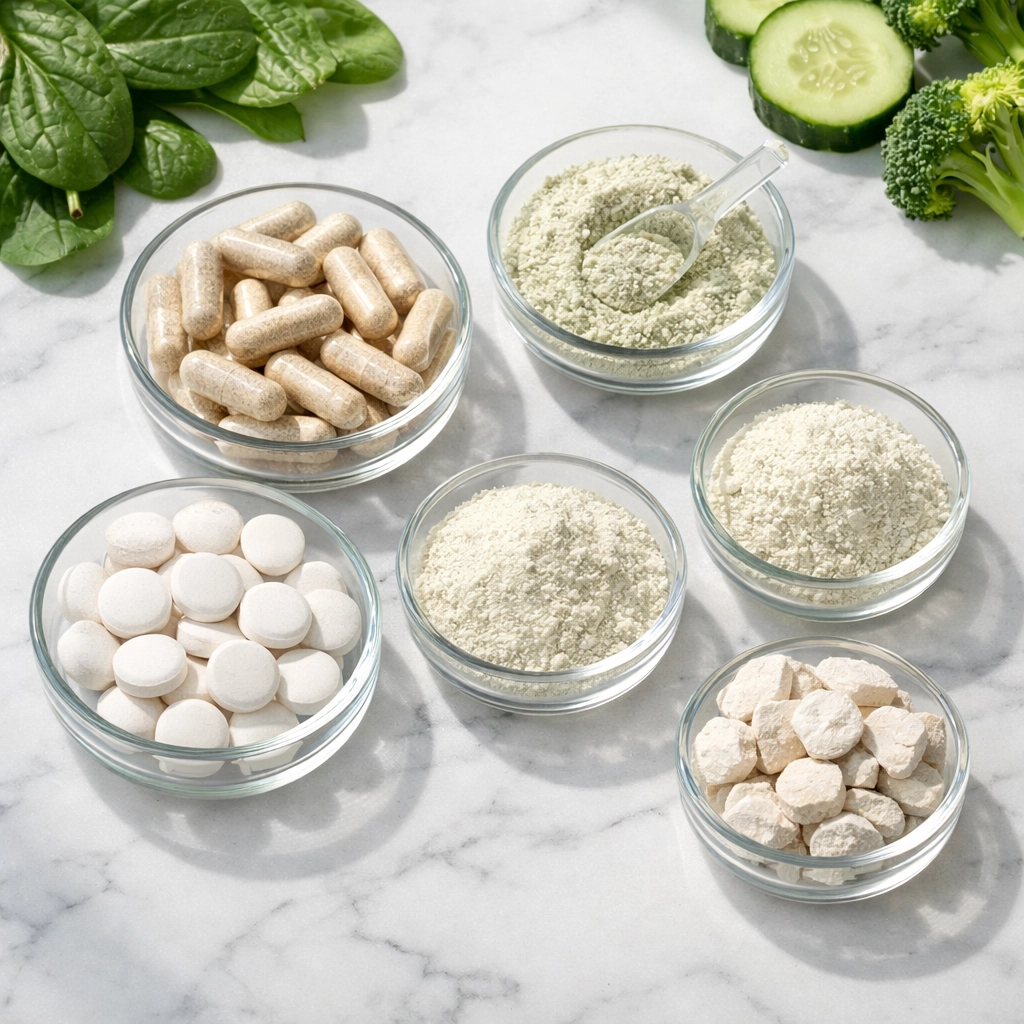 Alkaline supplement tablets and capsules displayed with fresh green vegetables on marble surface
