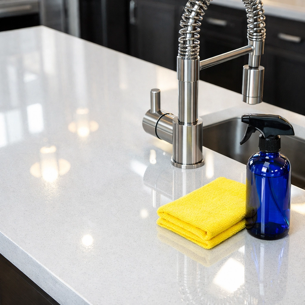 Detailed view of a sanitized kitchen island from expert property management cleaning services with no streaks.