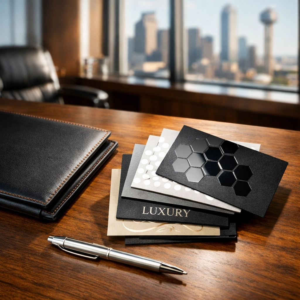 Professional Dallas office desk featuring premium business card samples and branding assets.