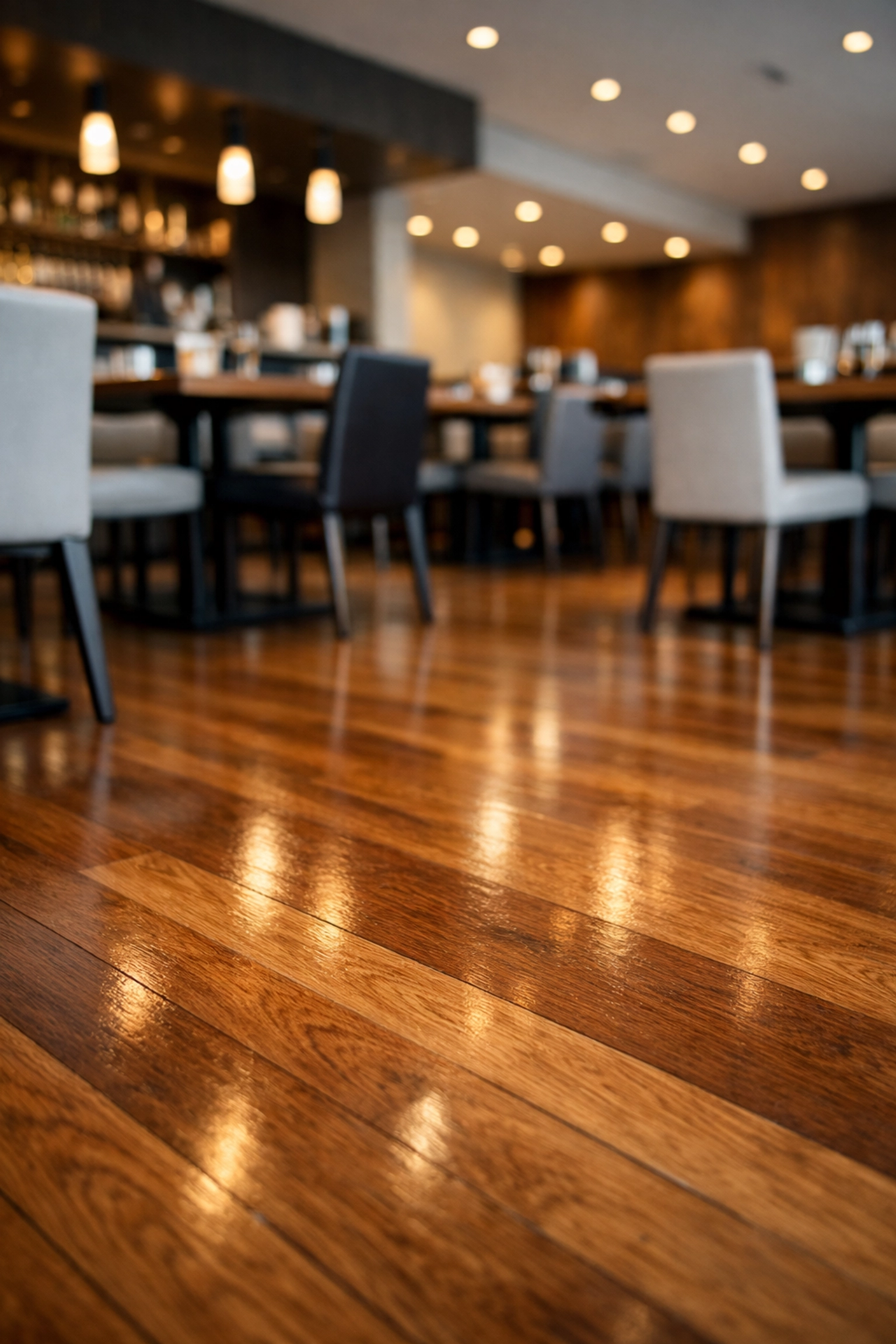 Polished restaurant floors maintained to reduce general liability risks and slip and fall incidents.