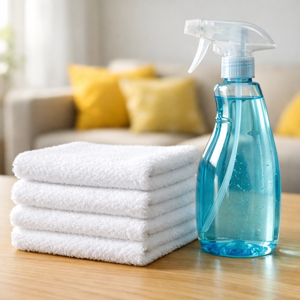 Eco-friendly cleaning supplies and microfiber cloths used for Groton home sanitization.