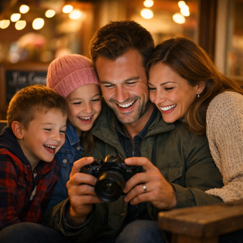 Happy family viewing travel photos on a camera after enjoying fun family vacation moments.