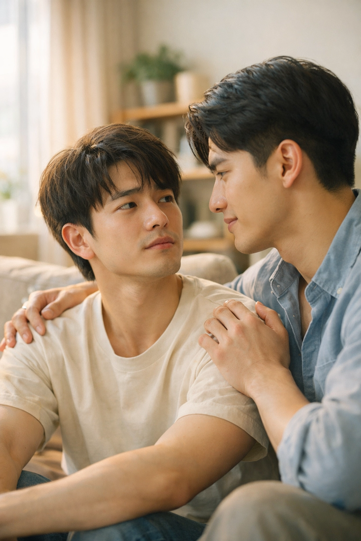 Two Asian men sharing an affectionate moment of gentle masculinity, reflecting authentic gay love stories.
