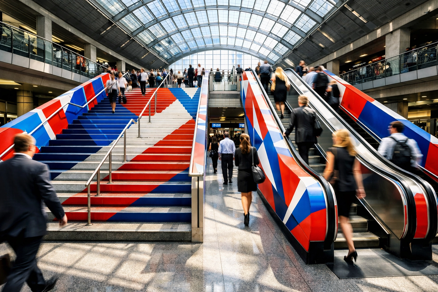 Vibrant architectural vinyl wraps on transit hub stairs for immersive Super Bowl OOH brand advertising.