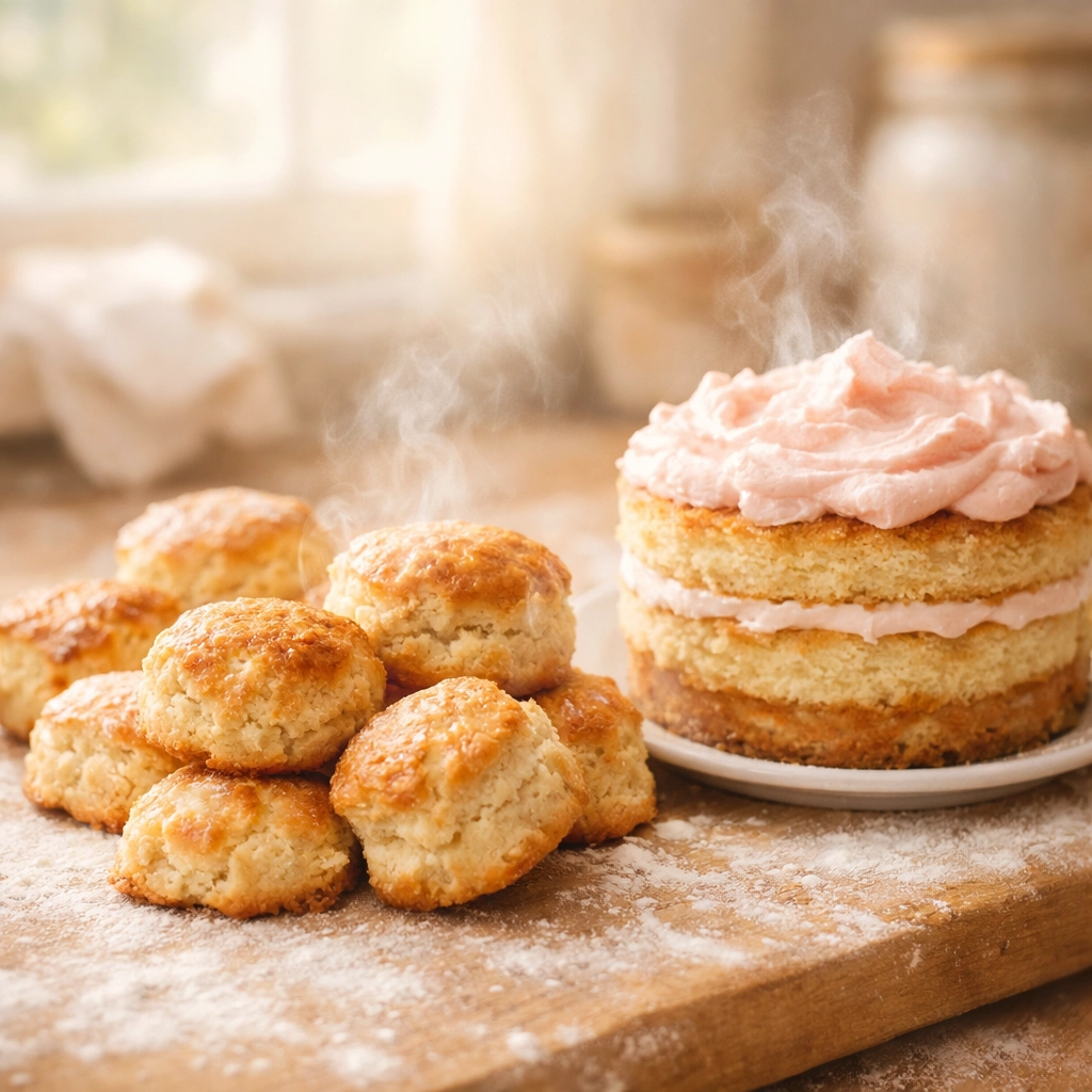 Freshly baked scones and a pink frosted sponge cake on a rustic counter at Little Dreams Cafe.