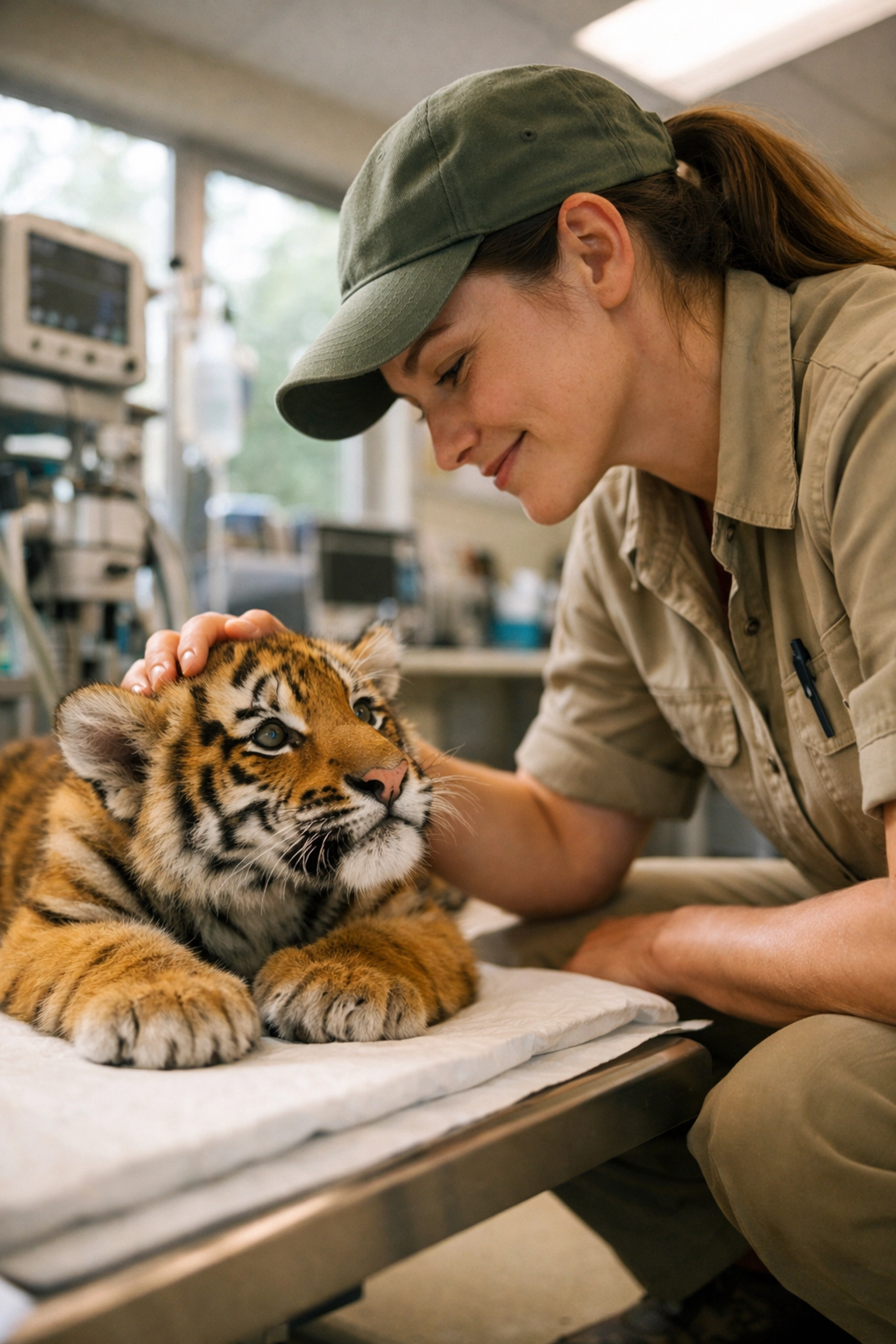 Zookeeper caring for endangered tiger cub in conservation facility
