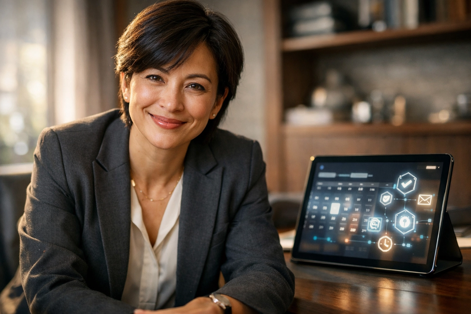 Authentic executive in a sunlit office using AI for tasks while maintaining professional human presence.
