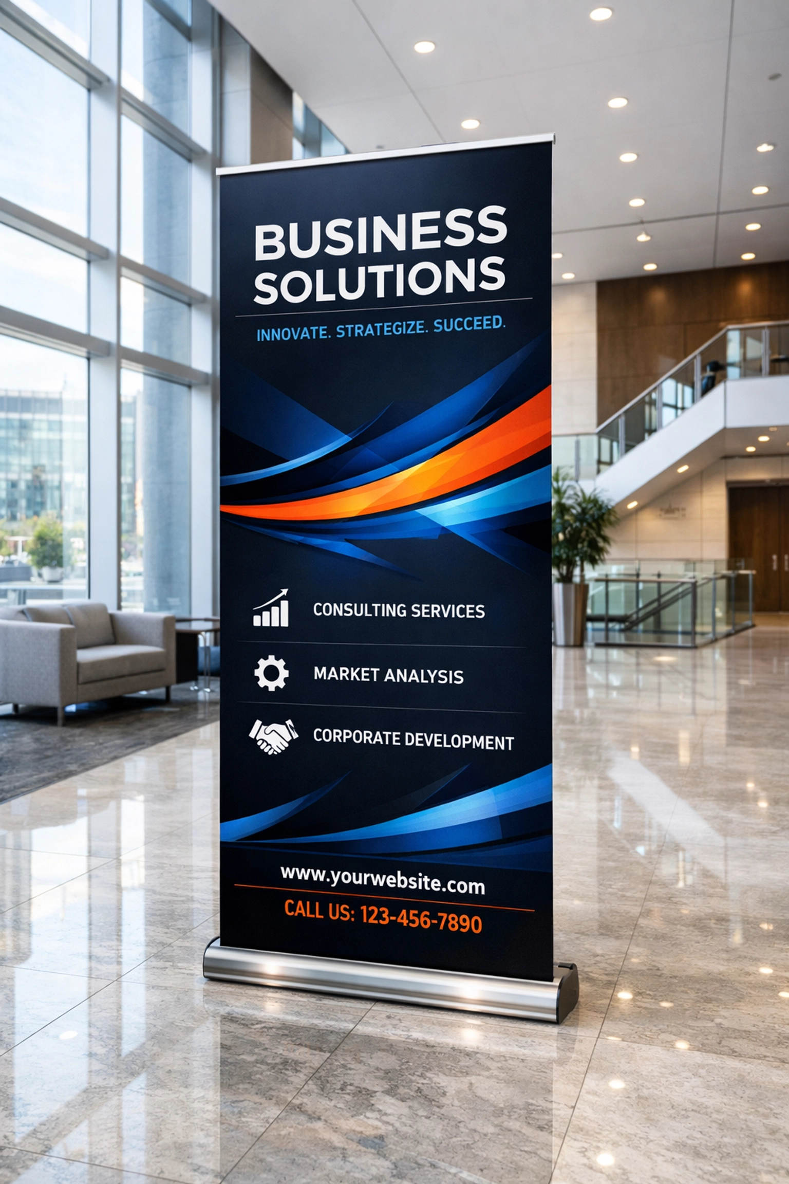 Custom retractable pop-up banner standing in a professional business lobby.