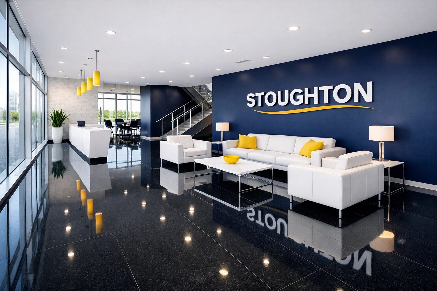 Polished modern office lobby in Stoughton, MA, showcasing professional commercial cleaning results.