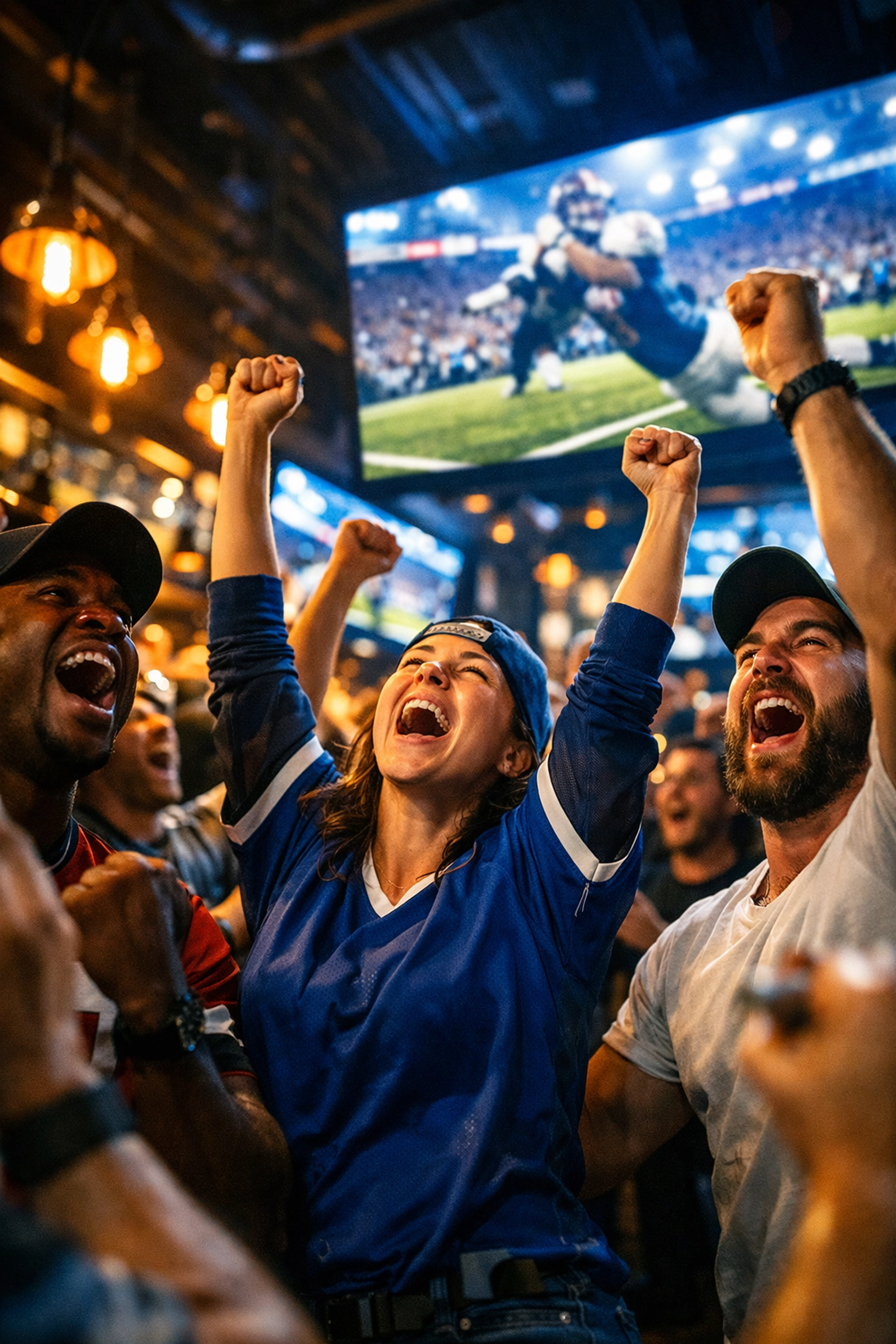 Fans cheering in a crowded sports bar while viewing Sports Media Inc. digital marketing screens during the Super Bowl.