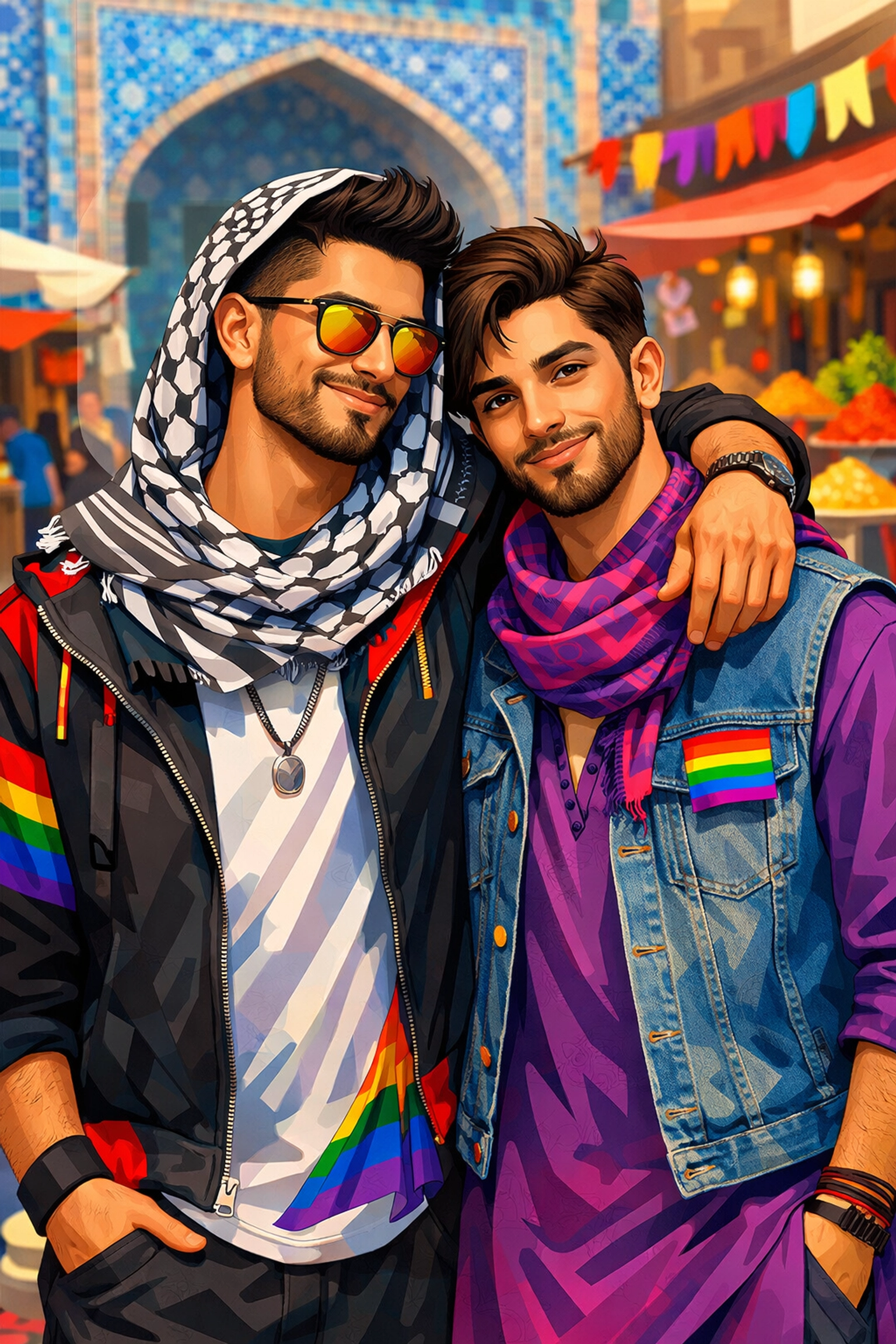 Two young men in modern Kabul streetwear standing affectionately in a vibrant local marketplace.