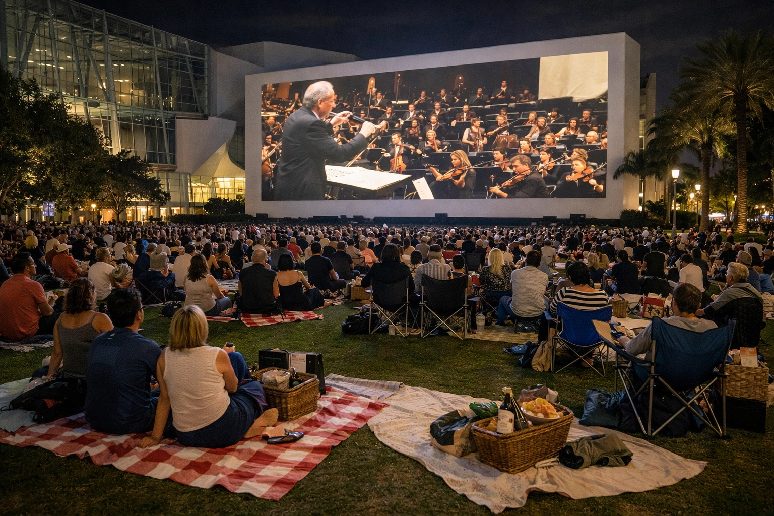 People enjoying a symphony Wallcast at SoundScape Park in Miami Beach, a unique cultural experience in the city.