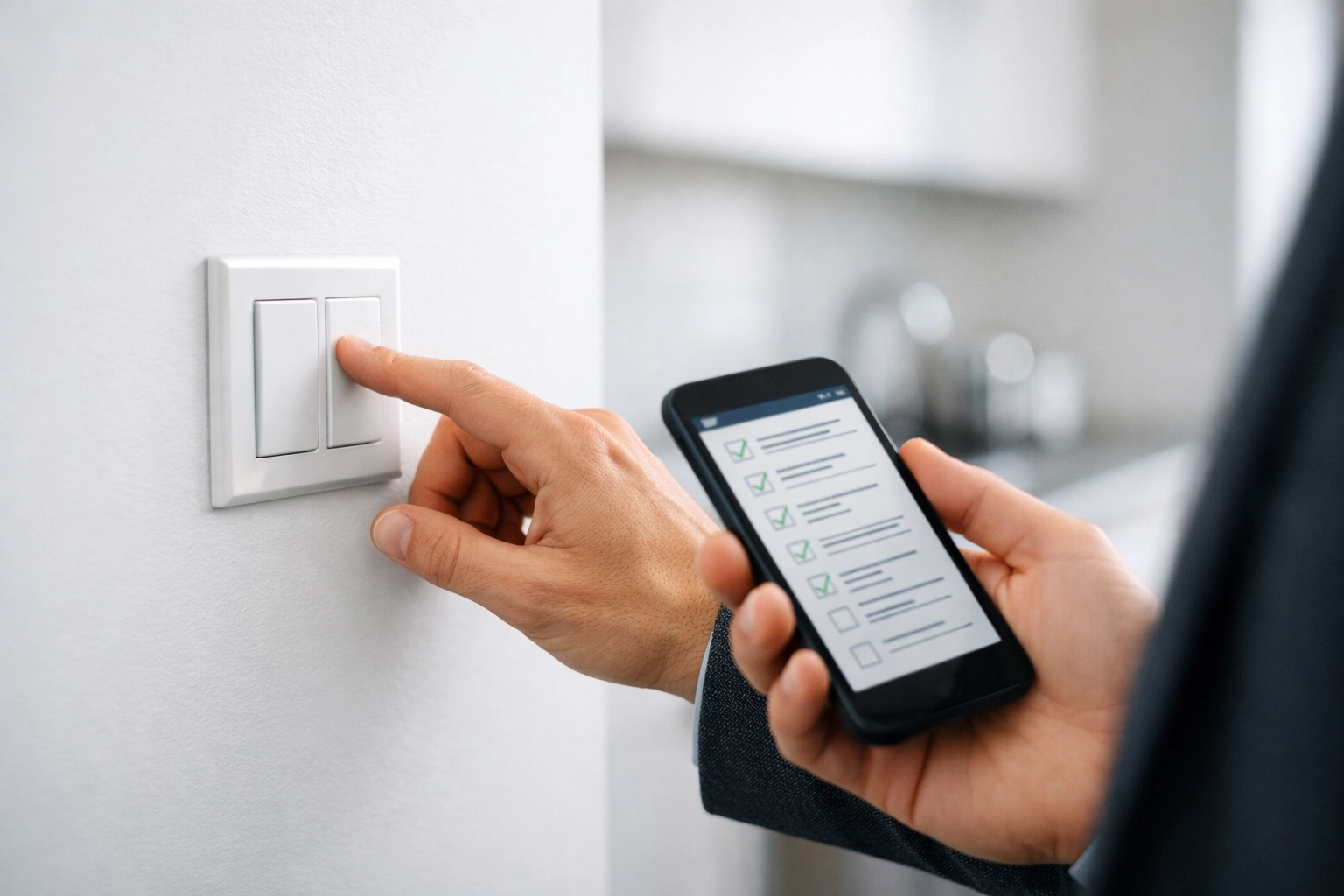 Property manager inspecting light switch with digital checklist during final apartment walkthrough