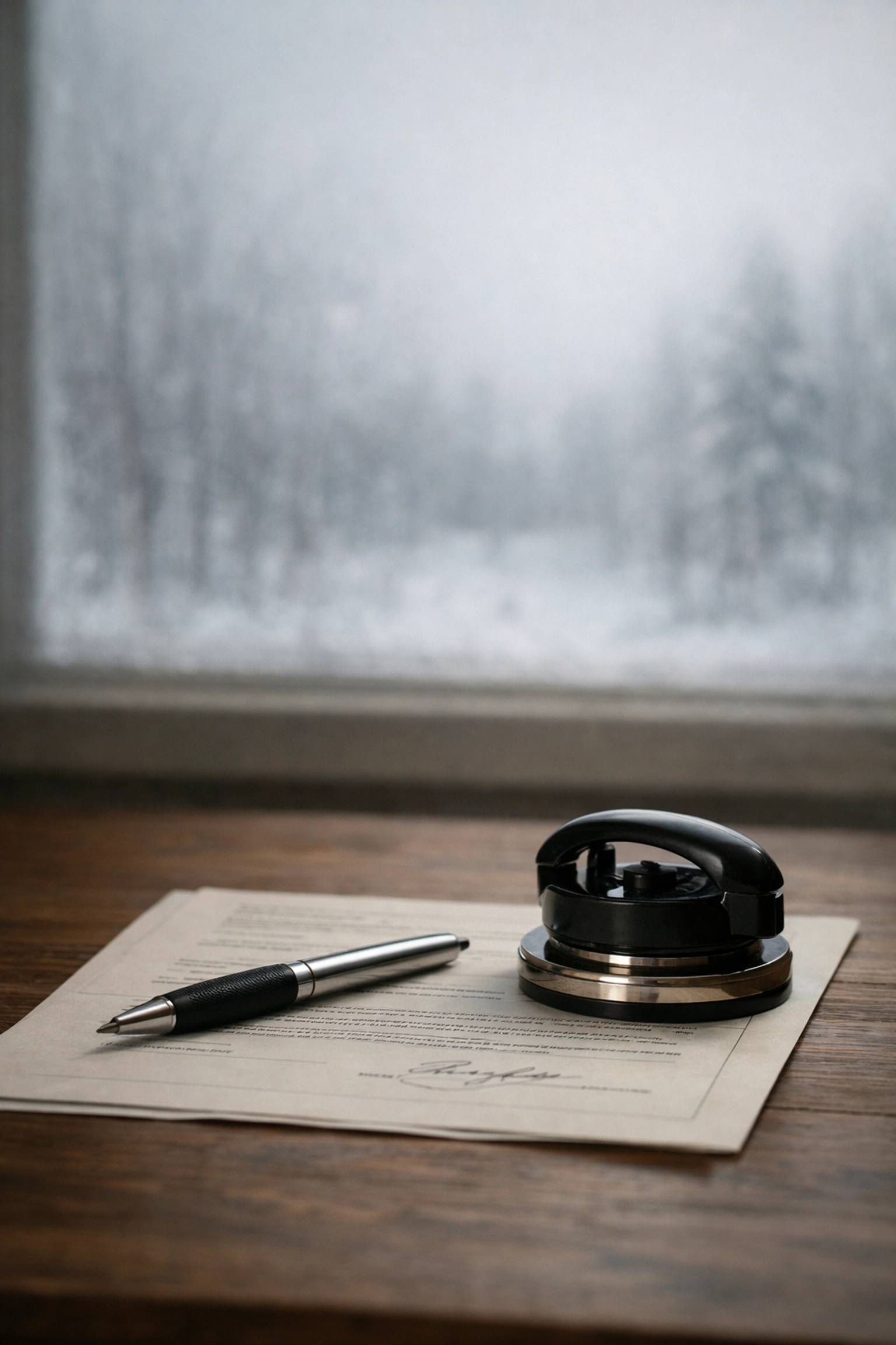 Notary stamp and pressurized pen on document during Alaska winter mobile notary appointment