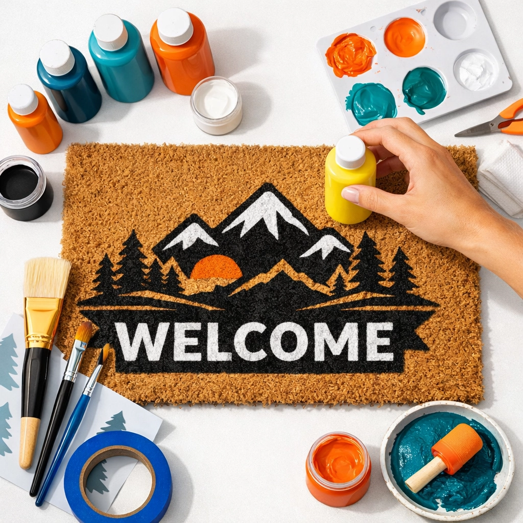 Vibrant paint and stencil supplies for a custom door mat painting workshop in the DMV.