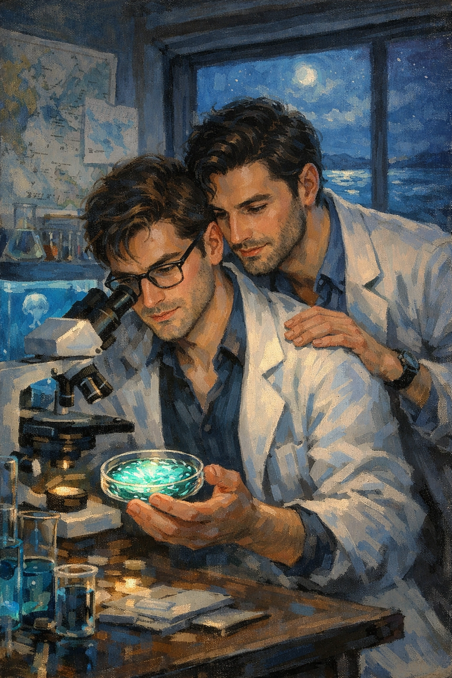 Two male scientists in a lab, capturing the slow burn academic MM romance trope popular in queer literature.